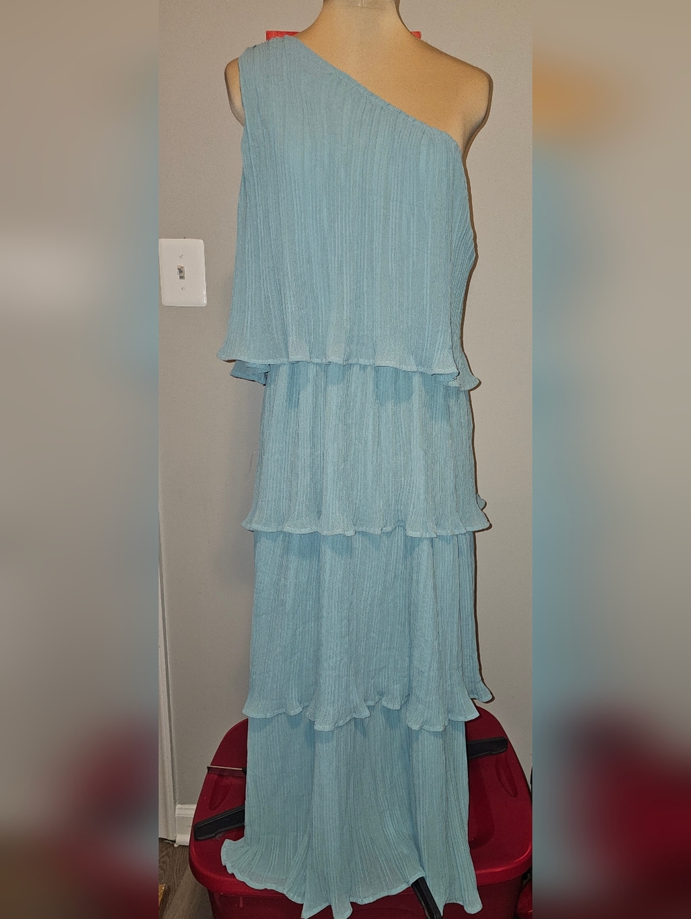 MEROKEETY NWT BluGreen ONE SHOULDER SLEEVELESS PLEATED TIERED MAXI DRESS Sz L